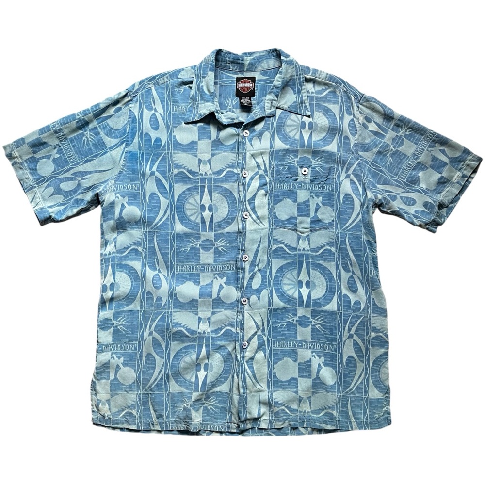 Harley Davidson Silk Baby Blue Pattern Button Down Short Sleeve Shirt